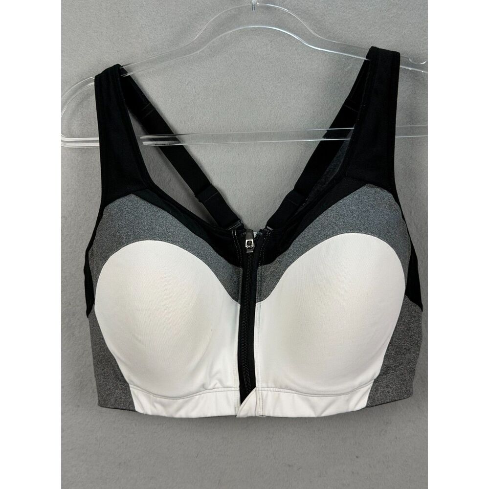 C9 Champion 42D Front Zip High Impact Sports Bra Gray White Black